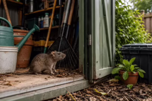 Rat inside a garden shed near tools, pots, and a watering can.