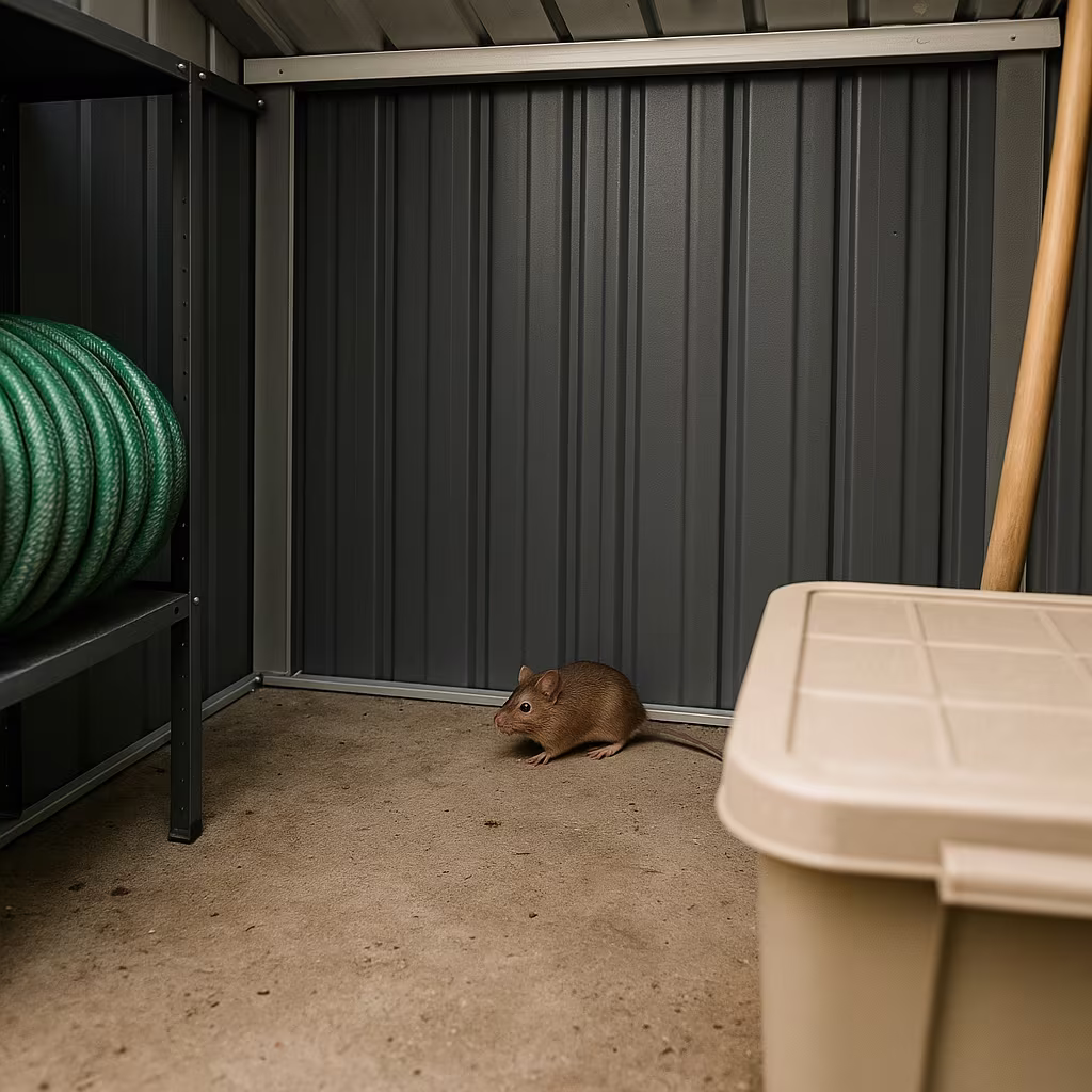 Mouse inside a storage shed near a garden hose and plastic bin.
