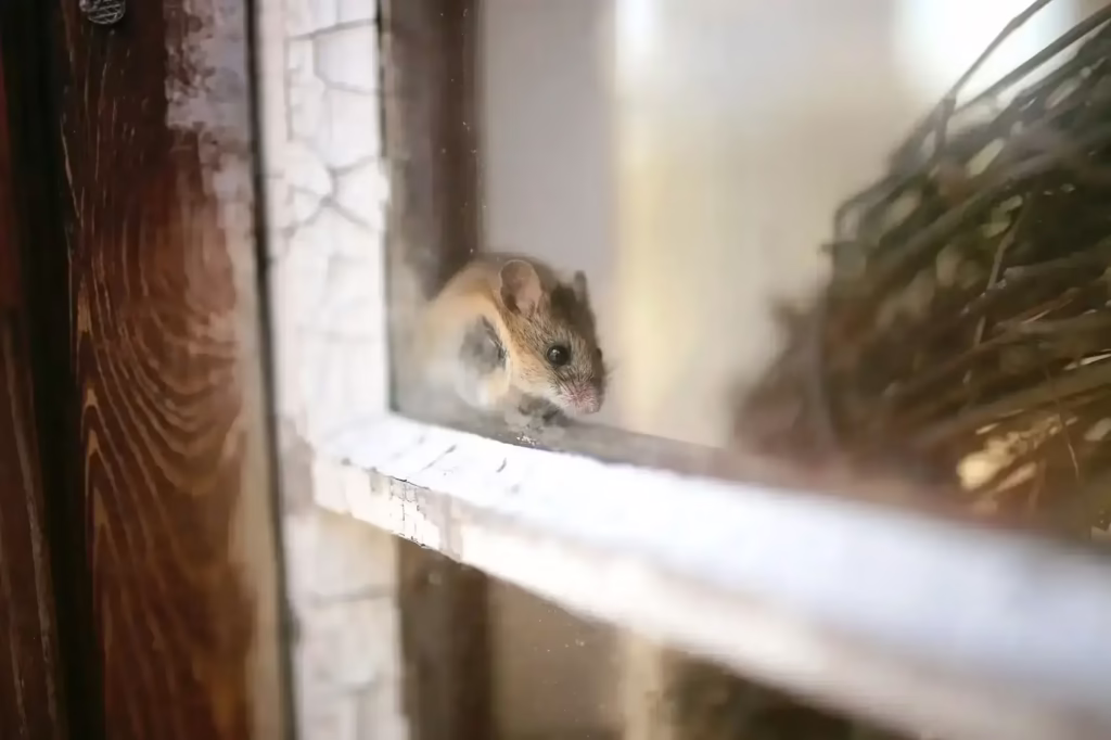 Mouse peeking through a window from inside a home.