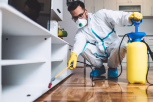 Pest control technician in protective suit and mask applying bed bug treatment along the base of furniture in a home