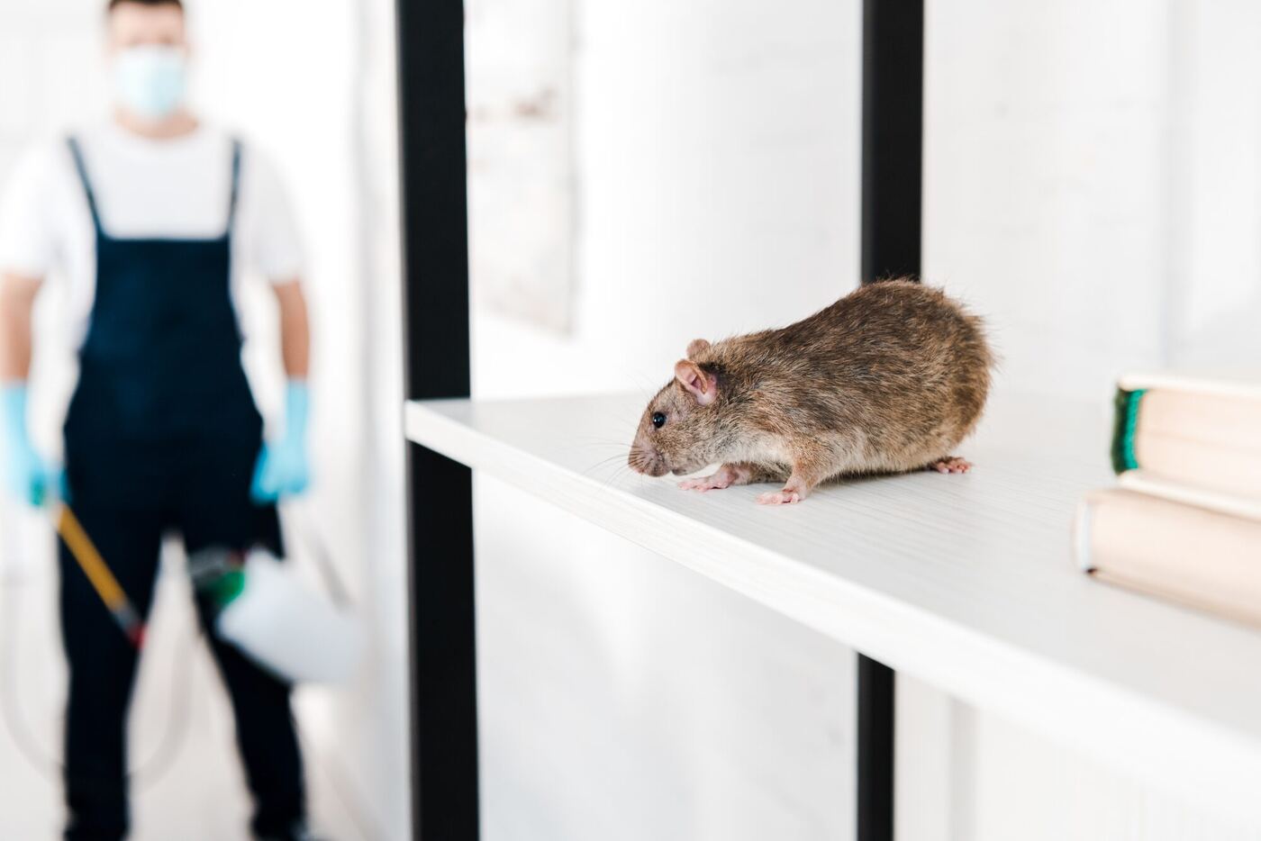 A rat on a shelf inside a home with a pest control technician behind it