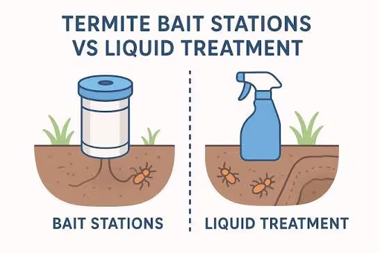 Illustration comparing a termite bait station in the soil with liquid termite treatment, showing how termites reach each one